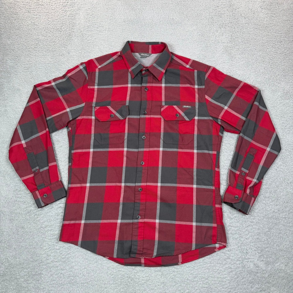 Eddie Bauer Mens Medium Red Grey Plaid Long Sleeve Button Down Outdoor Shirt